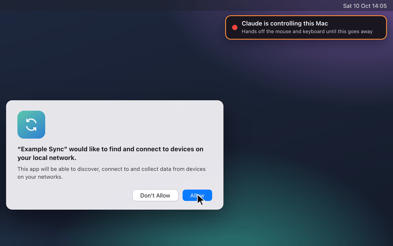 A Mac desktop with a local network permission dialog, the pointer on Allow, and a badge at the top right saying Claude is controlling this Mac