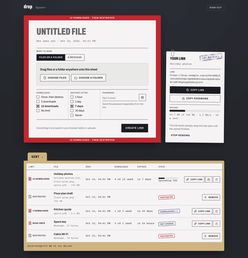 The owner's desk: a red-banded cover sheet for the next file, a clipped slip holding the new link for Holiday photos with Copy link, Copy password and an upload gauge at 30 percent, and below them a folder of five sent drops with their limits, downloads and expiry