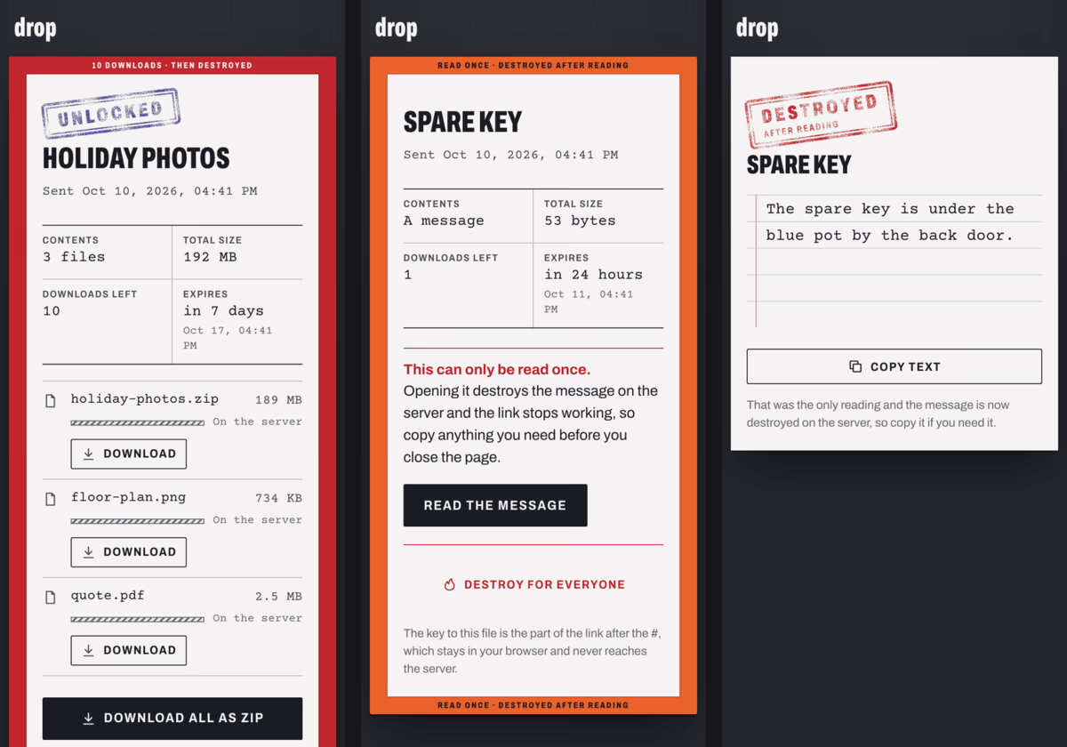 Three phone screens: the Holiday photos sheet stacked in one column, an orange read-once sheet titled Spare key above a Read the message button, and the revealed message with a red Destroyed after reading stamp
