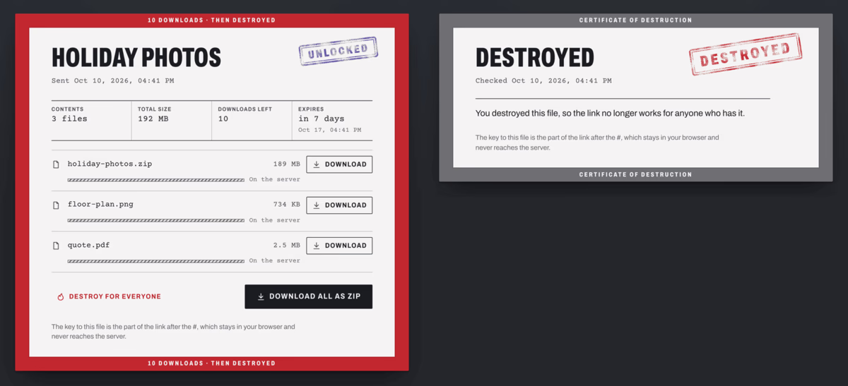 Two recipient views: the Holiday photos cover sheet with an Unlocked stamp, cells for 3 files, 192 MB, 10 downloads left and 7 days to expiry, and a grey certificate of destruction with a red Destroyed stamp