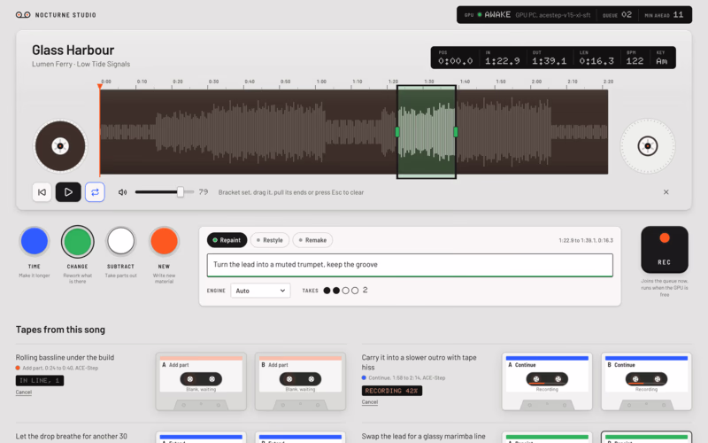 The studio deck with a song loaded, a green bracket over part of the waveform, the Change key armed with Repaint and an instruction to turn the lead into a muted trumpet
