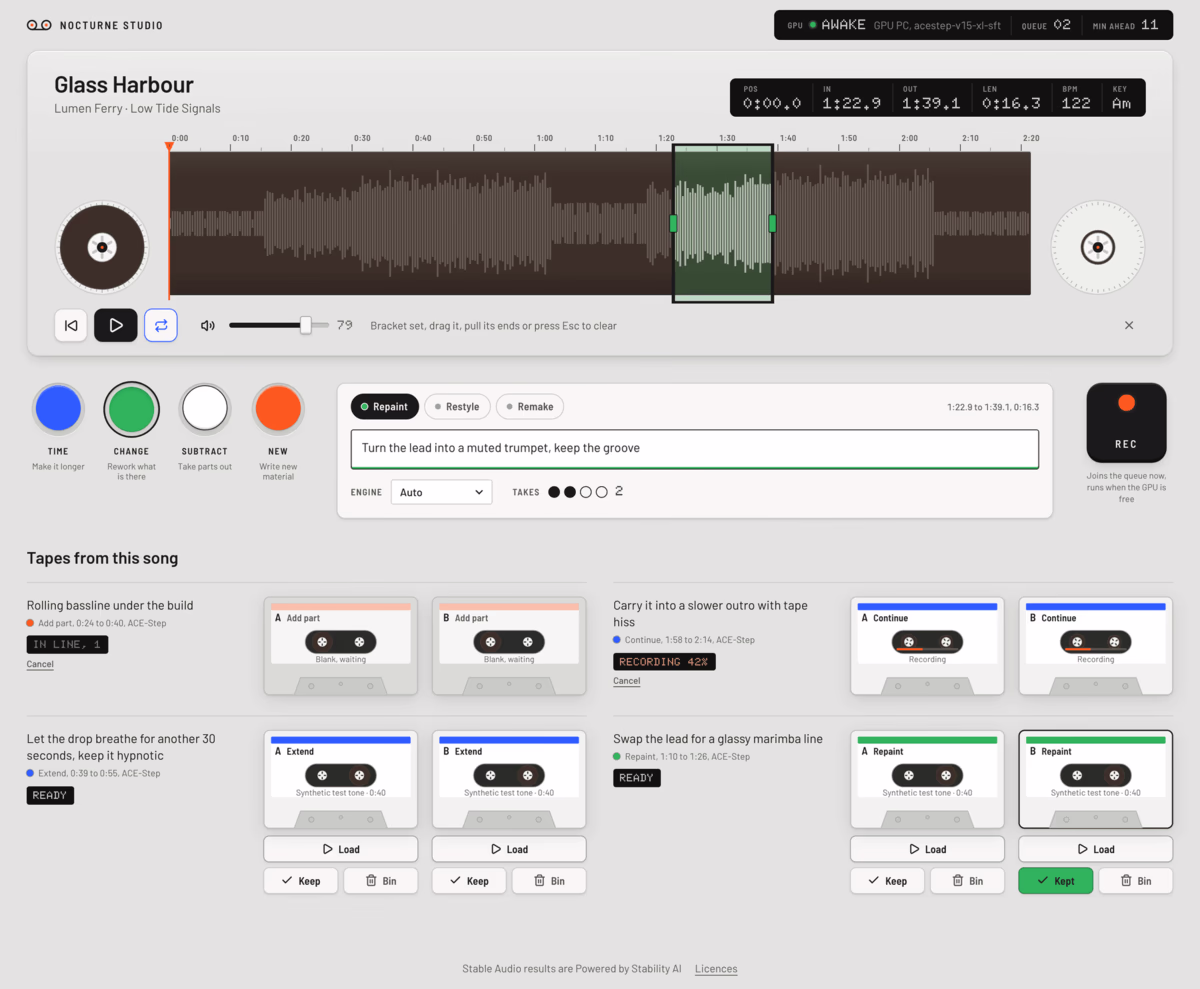 The studio on a desktop with the demo song Glass Harbour loaded, a green bracket over 1:22 to 1:39 of the waveform, the Change key armed with Repaint and the instruction Turn the lead into a muted trumpet, keep the groove, with the shelf of tapes from this song below