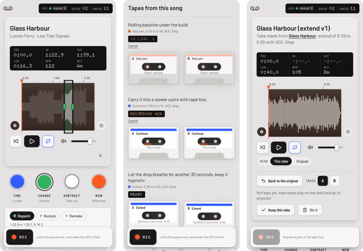 Three phone screens: the demo song with a bracket set and Repaint armed above the docked Rec button, the shelf with jobs in line, recording and finished, and a finished take loaded with buttons to switch between the take and the original, flip between takes A and B, and keep or bin it