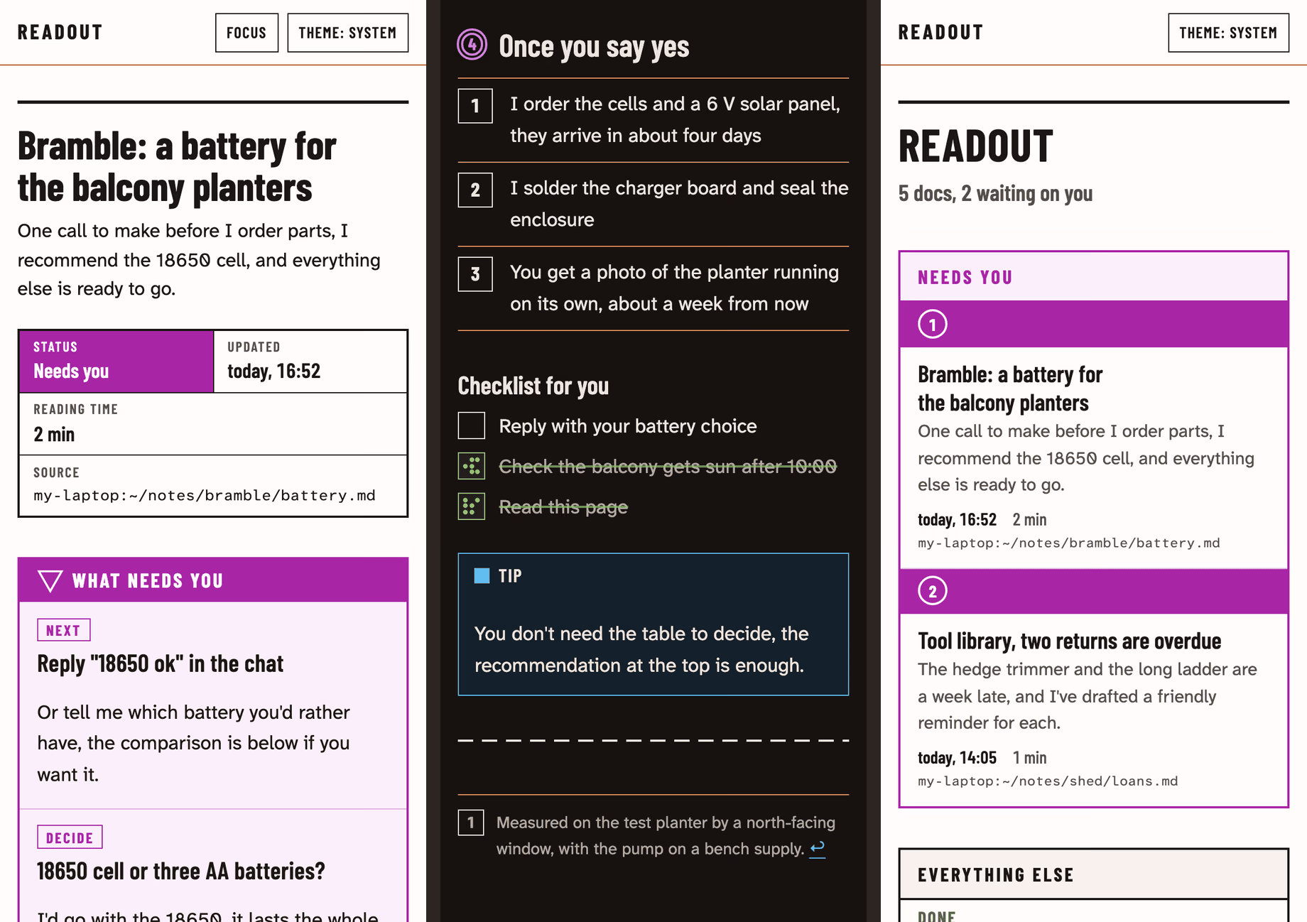 Three phone screens: the top of the Bramble doc in the light theme with its stacked meta cells and the What needs you box, the end of the same doc in the dark theme with numbered steps, a checklist with two boxes ticked green and a Tip callout, and the index with the two numbered Needs you rows