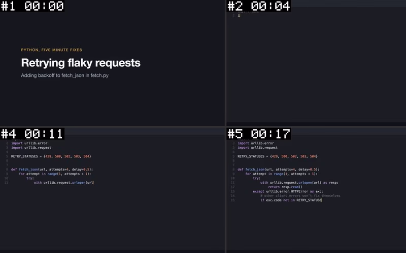 A contact sheet of screencast frames, each stamped with its frame number and timestamp, from a title slide to a Python file being typed