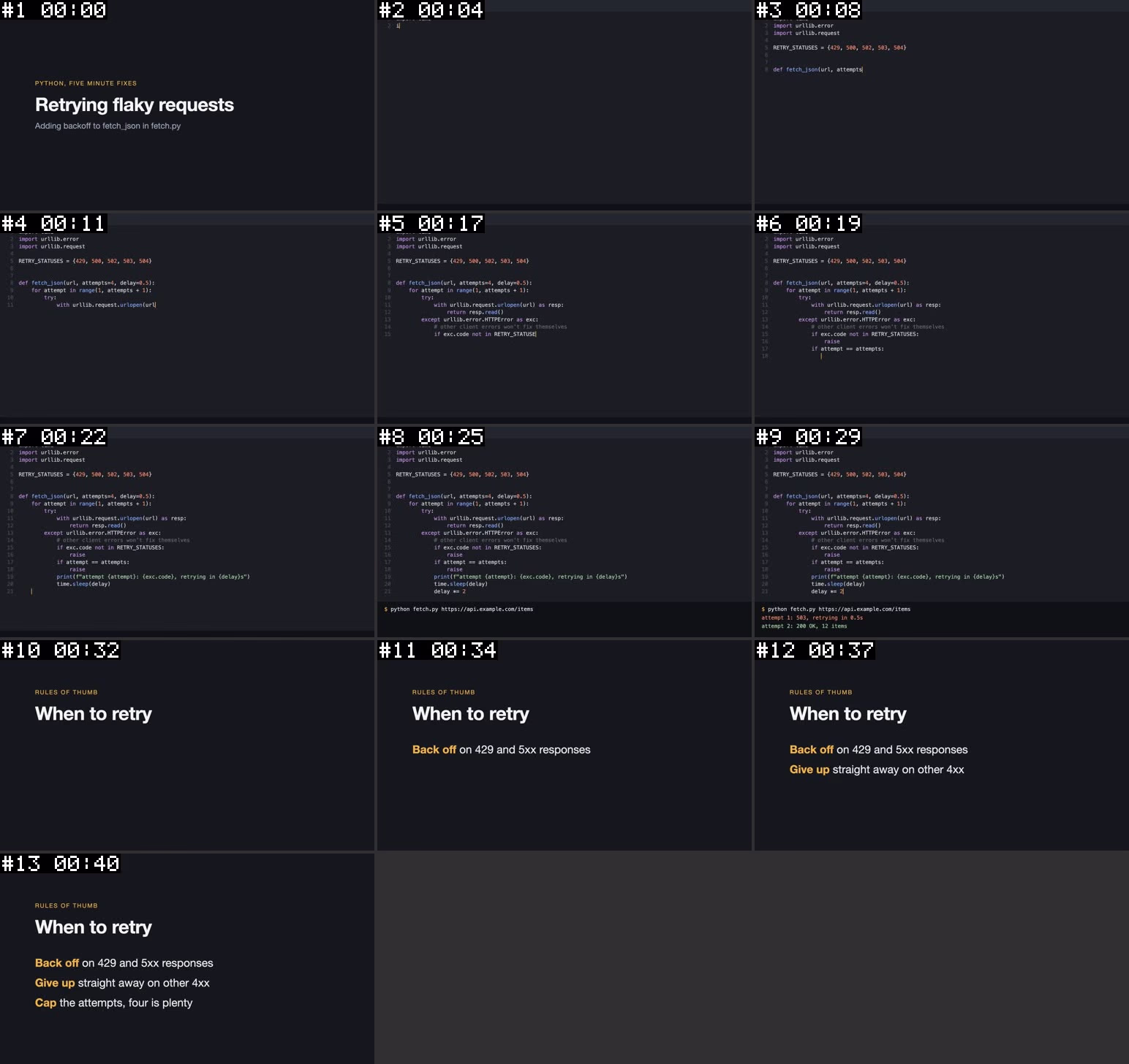 A contact sheet of 13 frames in a grid, each stamped with its frame number and timestamp from #1 00:00 to #13 00:40, following a screencast from a title slide called Retrying flaky requests through a Python file being typed and a terminal running it to a closing slide of three rules